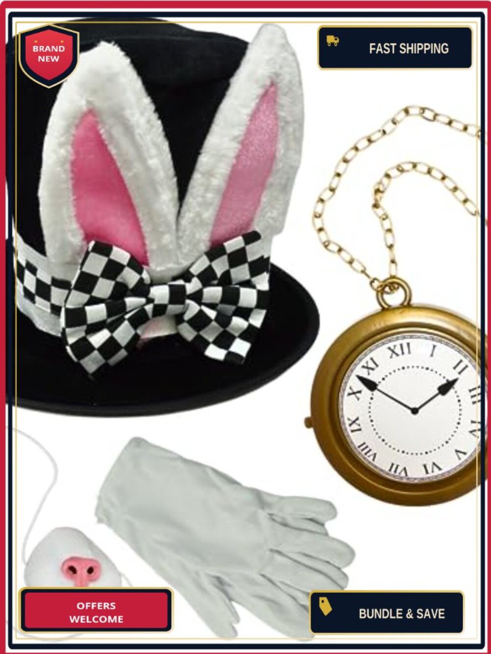 White Rabbit Costume Accessory Set Top Hat Gloves Nose Clock Necklace